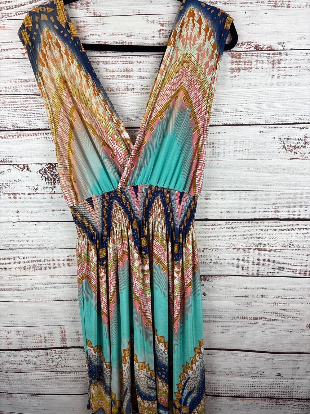 Womens Y2K Knit Deep V-Neck Smocked Waist Mini Dress Turquoise Tan Boho Size M